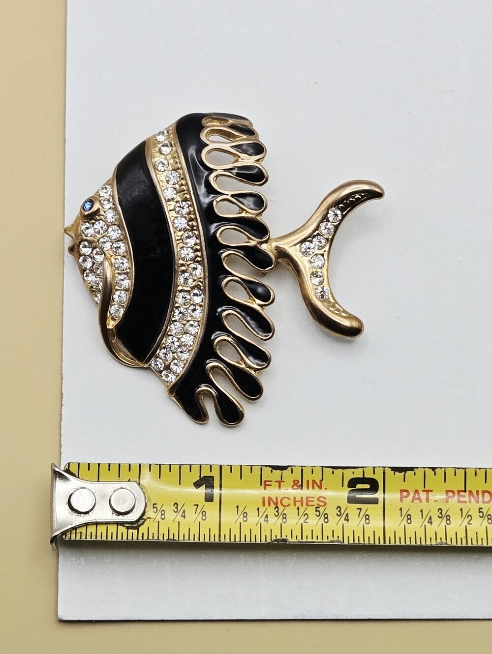 Vintage Gold Tone Black Enamel Angel Fish Brooch with Crystal Accents - Picture 7 of 16